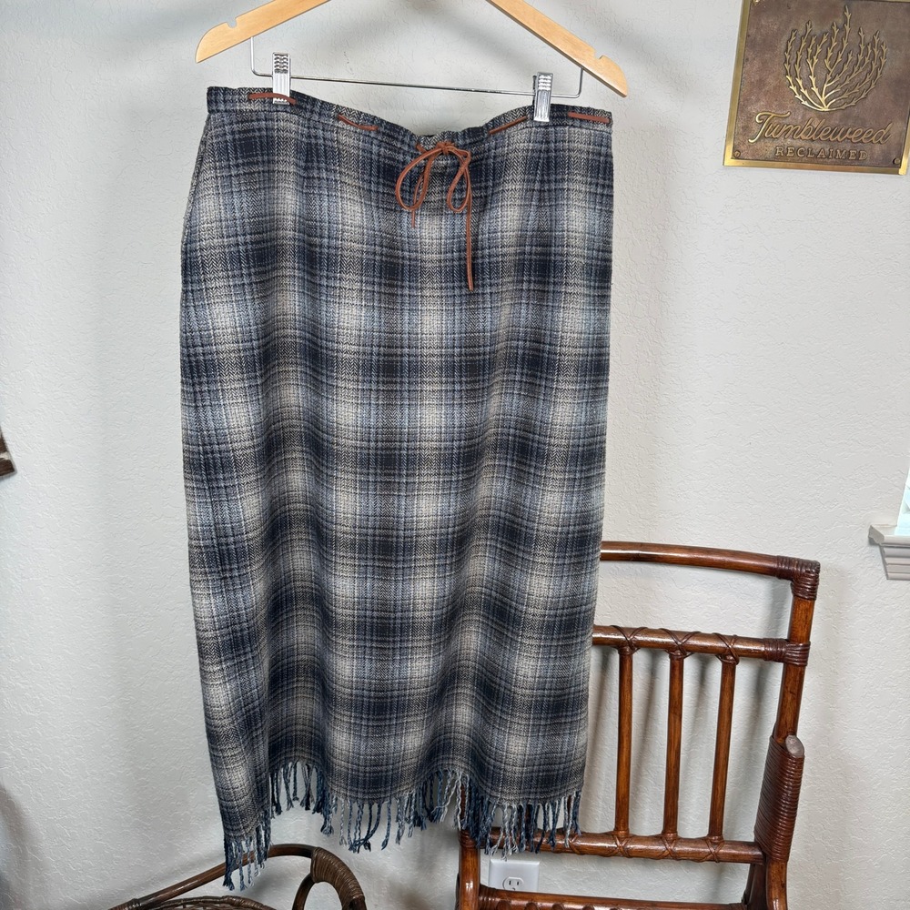 Avenue Womens Grey Plaid Wool Blend Fringe Midi Skirt‎ Herringbone Size 16